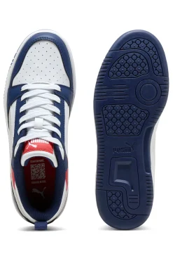 Sneakers bianche blu e rosse stile basket Puma Rebound V6 Lo Jr