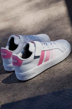 Sneakers bianche con dettagli rosa e chiusura a strappo Adidas Grand Court 3.0 El C