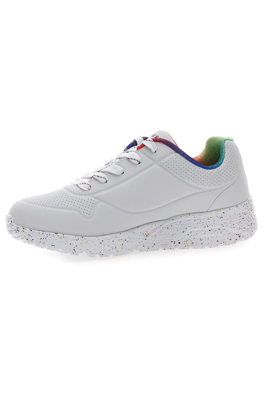 Sneakers bianche con dettagli arcobaleno e suola maculata Skechers Uno Lite Rainbow Speckle