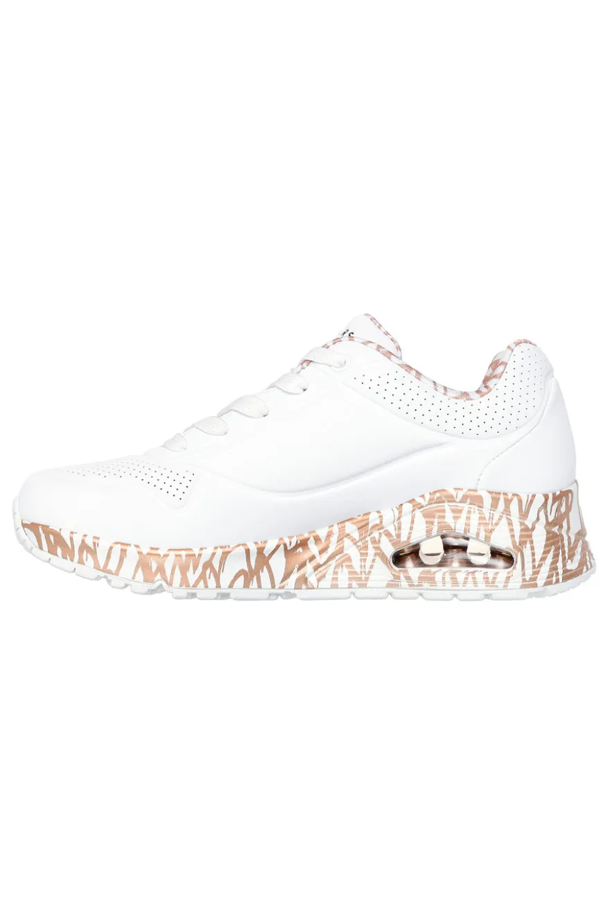 Sneakers bianche con stampa cuori oro rosa e cuscinetto ad aria Skechers UNO Loving Love