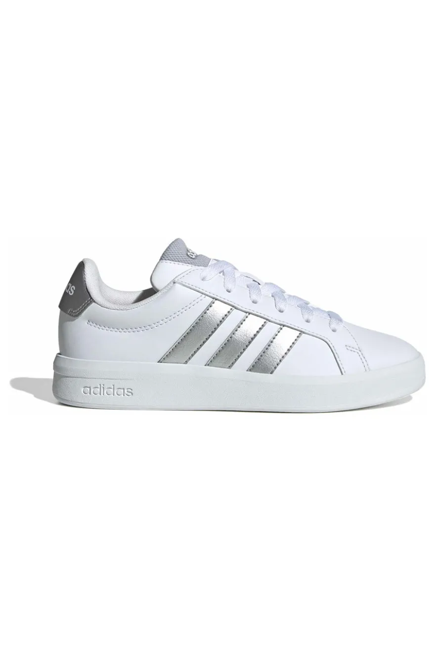 Sneakers bianche con strisce argento in pelle sintetica Adidas Grand Court 3 J
