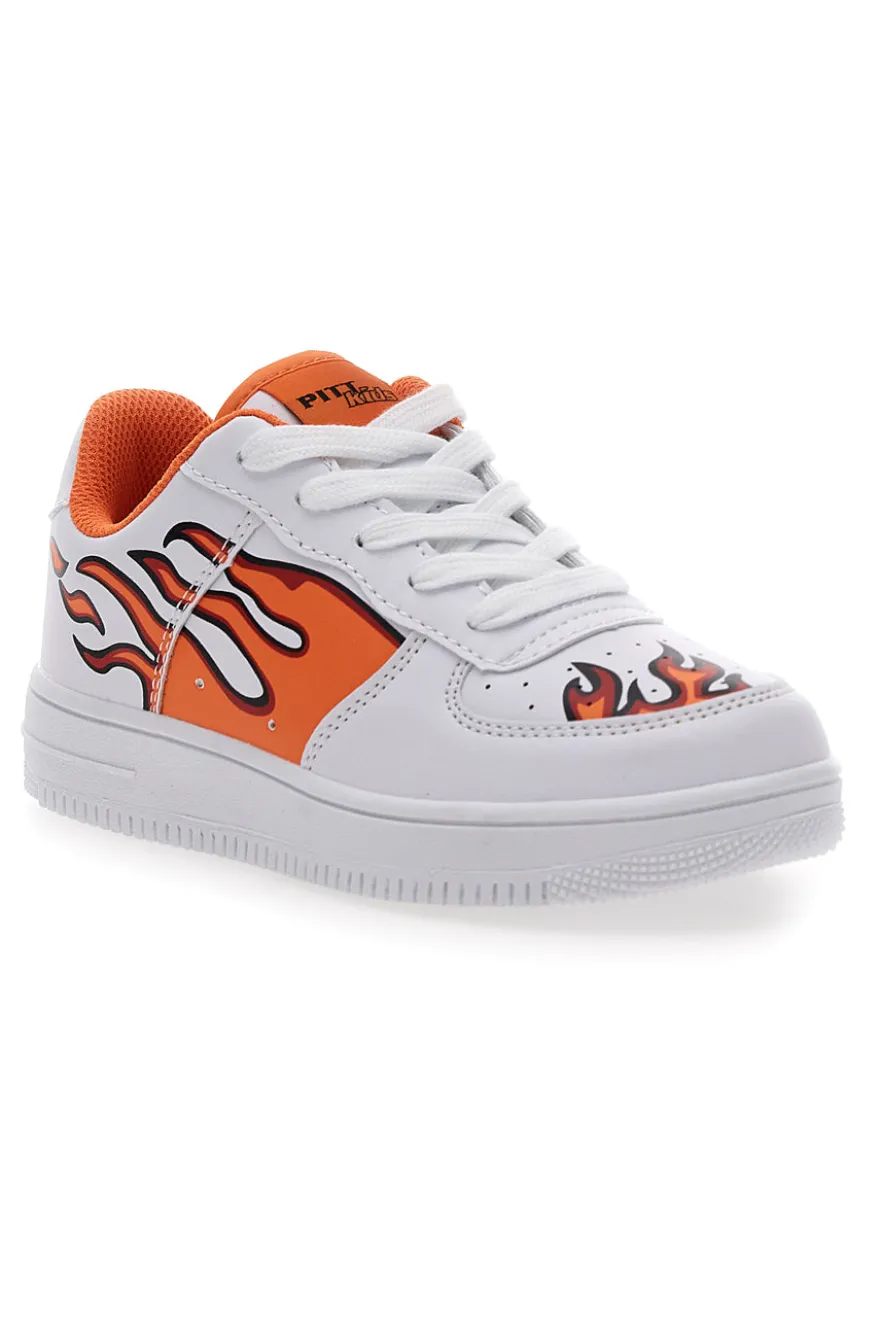 Sneakers Bianche e Arancione con Fuoco PITT KIDS K191562