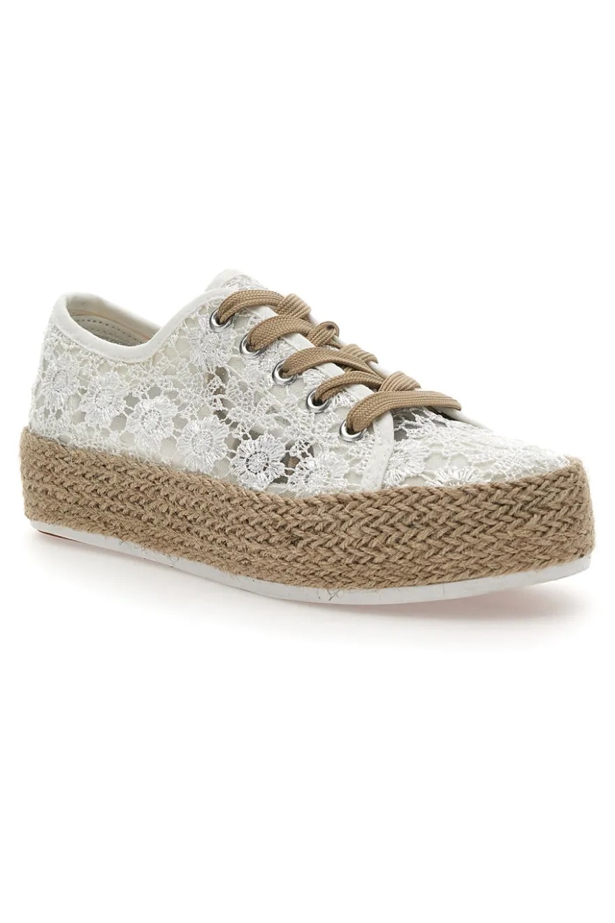 Sneakers Bianche e Beige Con Trama Ricamata e Flatform Energy 122