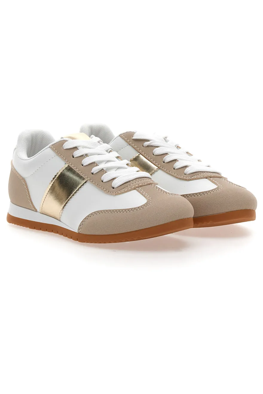 Sneakers Bianche e Beige con Banda Laterale Oro TALEMI 24250