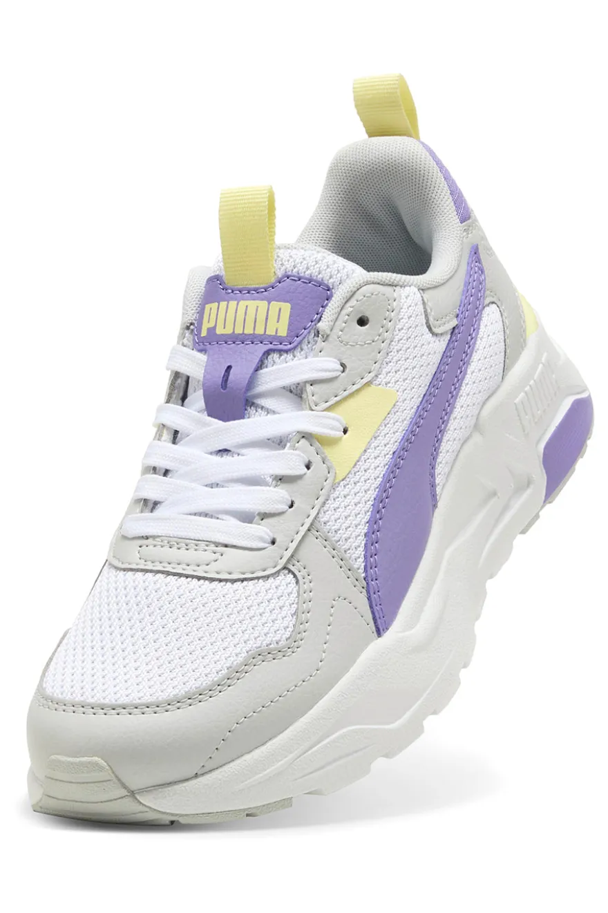Sneakers bianche e lilla con inserti gialli in mesh e IMEVA Puma Trinity Lite Jr