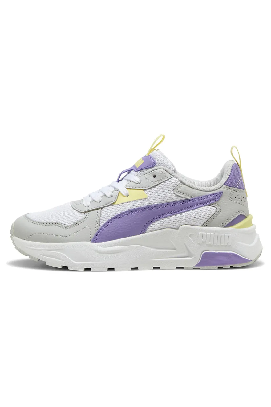 Sneakers bianche e lilla con inserti gialli in mesh e IMEVA Puma Trinity Lite Jr