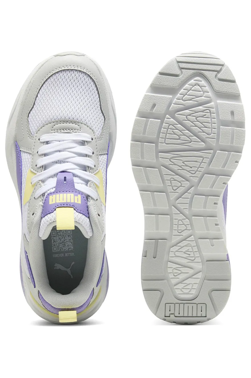 Sneakers bianche e lilla con inserti gialli in mesh e IMEVA Puma Trinity Lite Jr