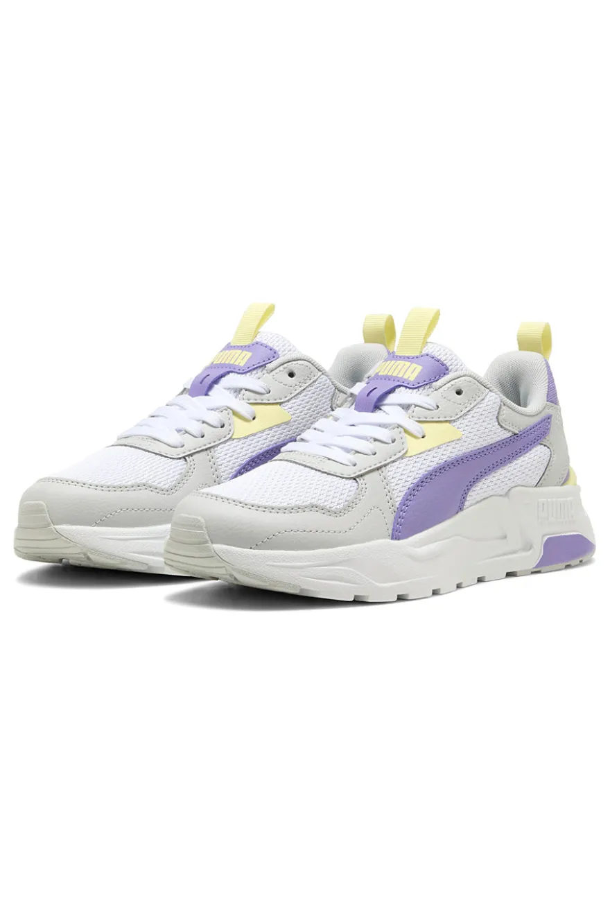 Sneakers bianche e lilla con inserti gialli in mesh e IMEVA Puma Trinity Lite Jr