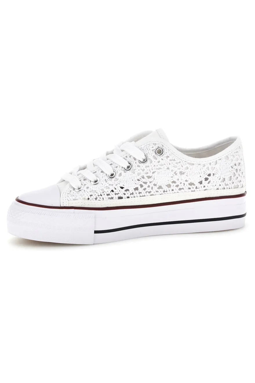 Sneakers bianche in tela con trama ricamata traforata con lacci 2T2L 8013