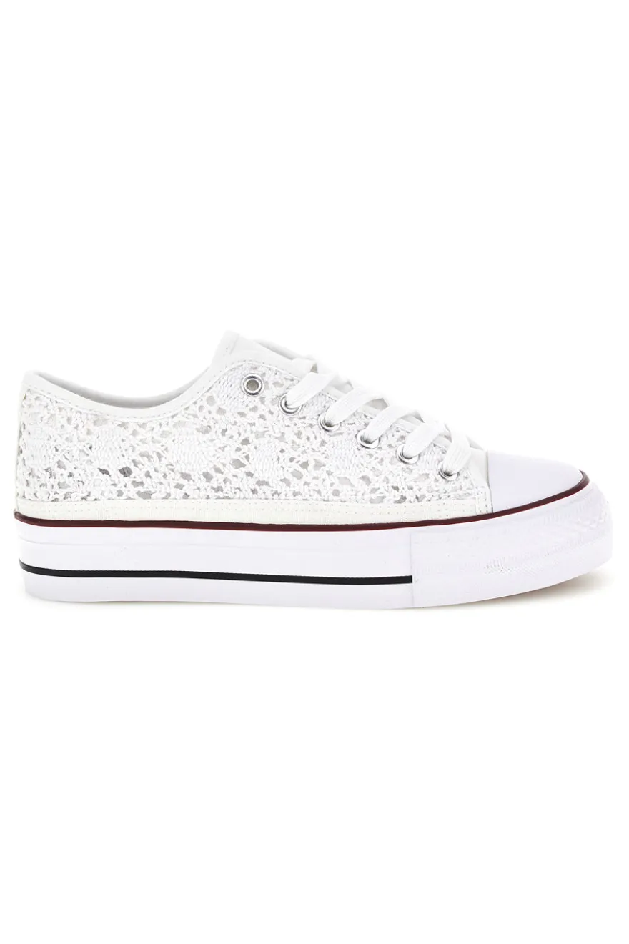 Sneakers bianche in tela con trama ricamata traforata con lacci 2T2L 8013