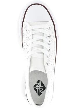 Sneakers bianche in tela con trama ricamata traforata con lacci 2T2L 8013