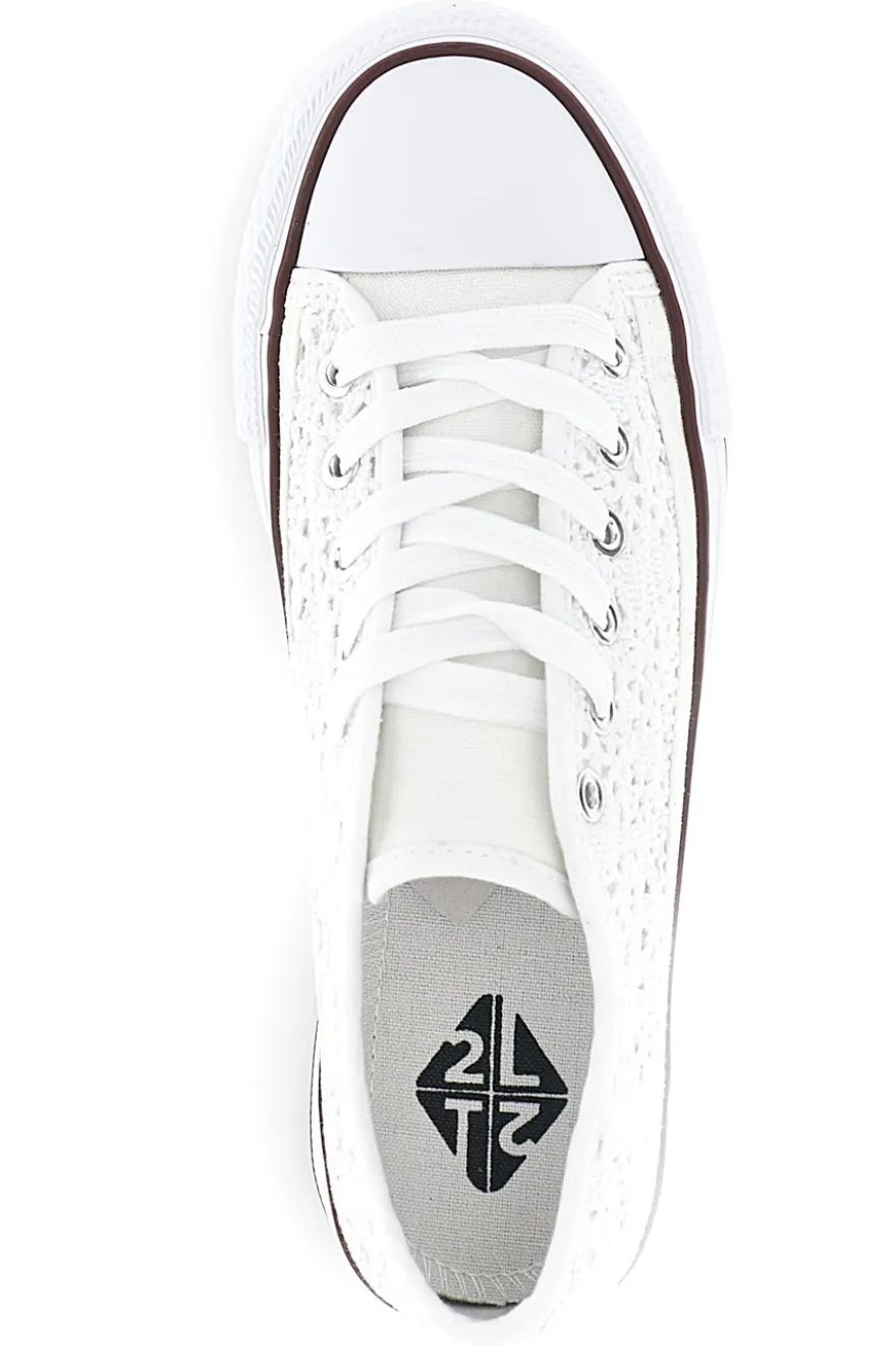 Sneakers bianche in tela con trama ricamata traforata con lacci 2T2L 8013