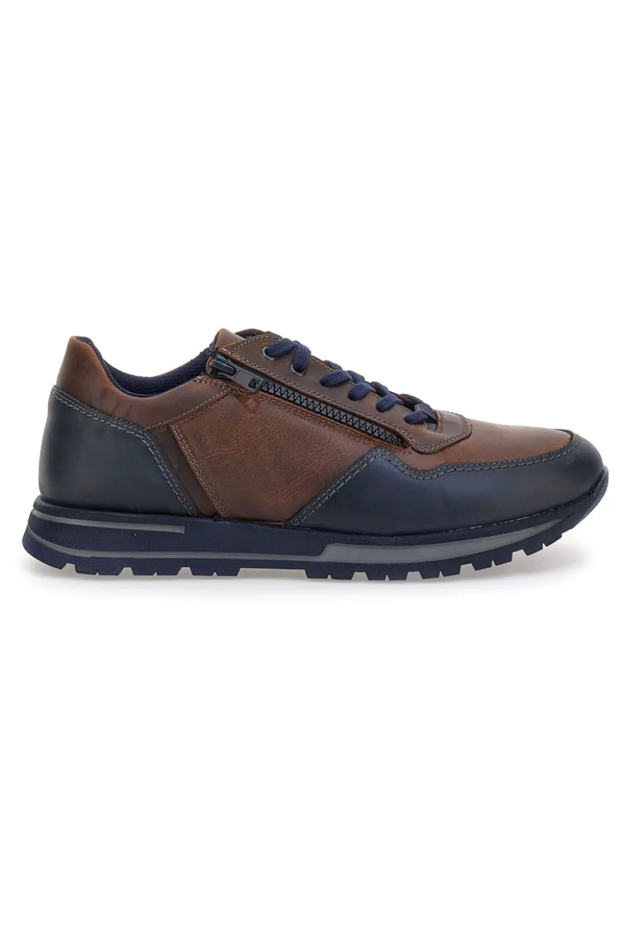 Sneakers marroni e blu in pelle con zip laterale Pittarello eco 25275003