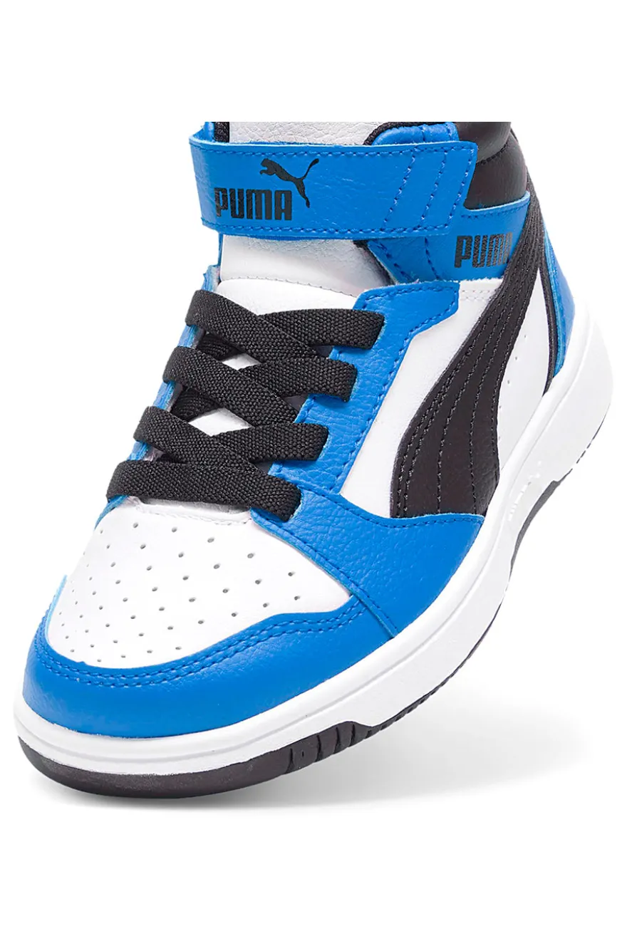 Sneakers mid bianche e blu con strappo Puma Rebound V6 Mid AC+ PS