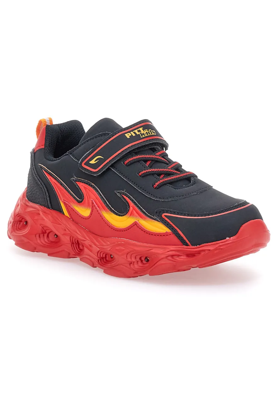 Sneakers Nere con Fiamma Rossa Laterale e Luci Pitt Kids K22886