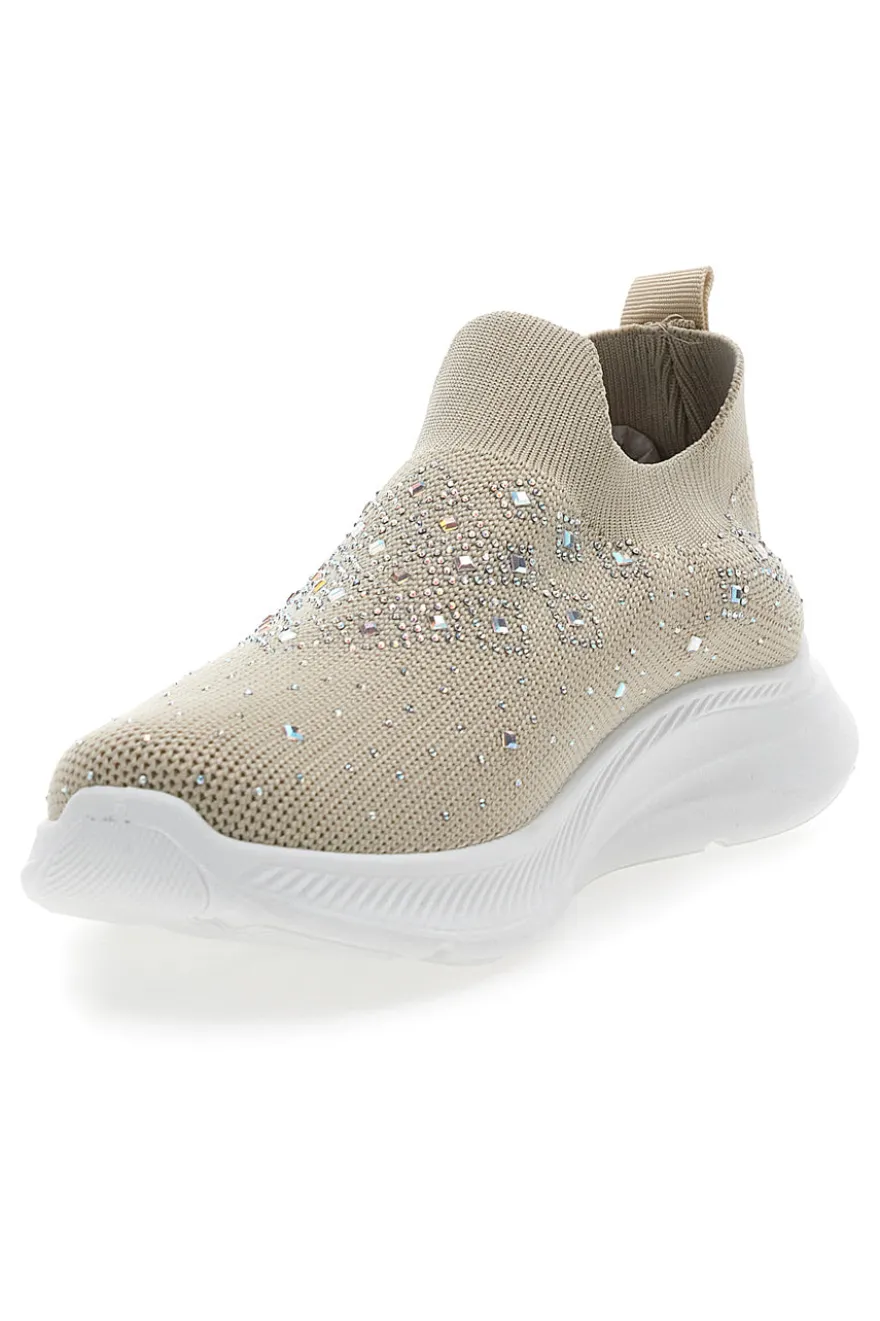 Sneakers Slip On Beige con Tomaia in Mesh e Pietre Decorative CANGURO CS1226