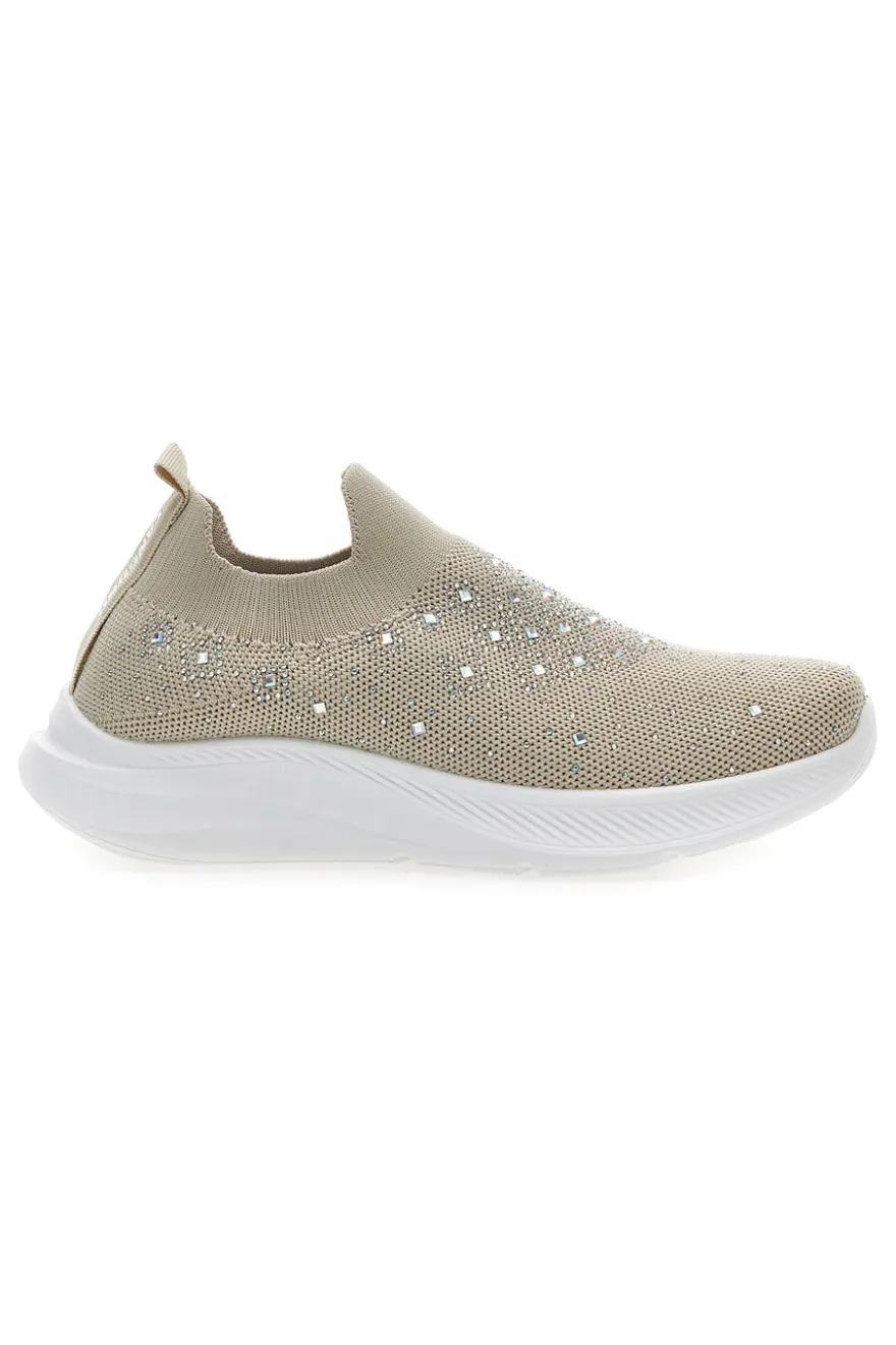 Sneakers Slip On Beige con Tomaia in Mesh e Pietre Decorative CANGURO CS1226
