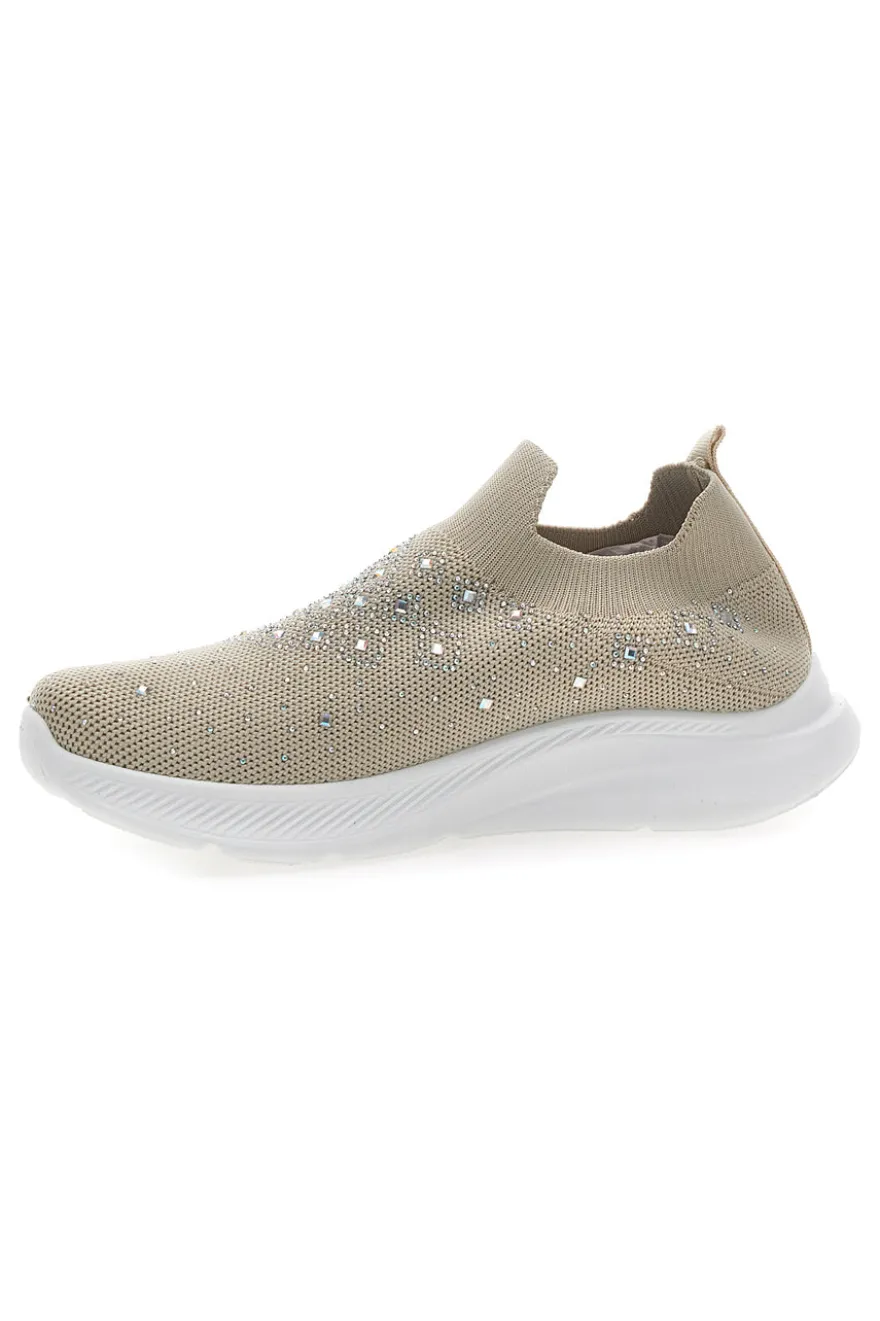 Sneakers Slip On Beige con Tomaia in Mesh e Pietre Decorative CANGURO CS1226