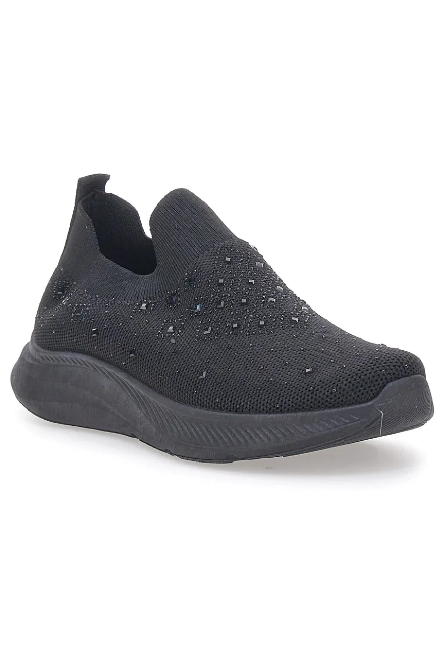 Sneakers Slip On Nere con Tomaia in Mesh e Pietre Decorative CANGURO CA1226