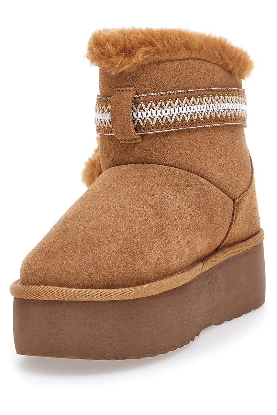 Stivaletti pantofole camel con pelo e suola platform Mon Dieu L1264
