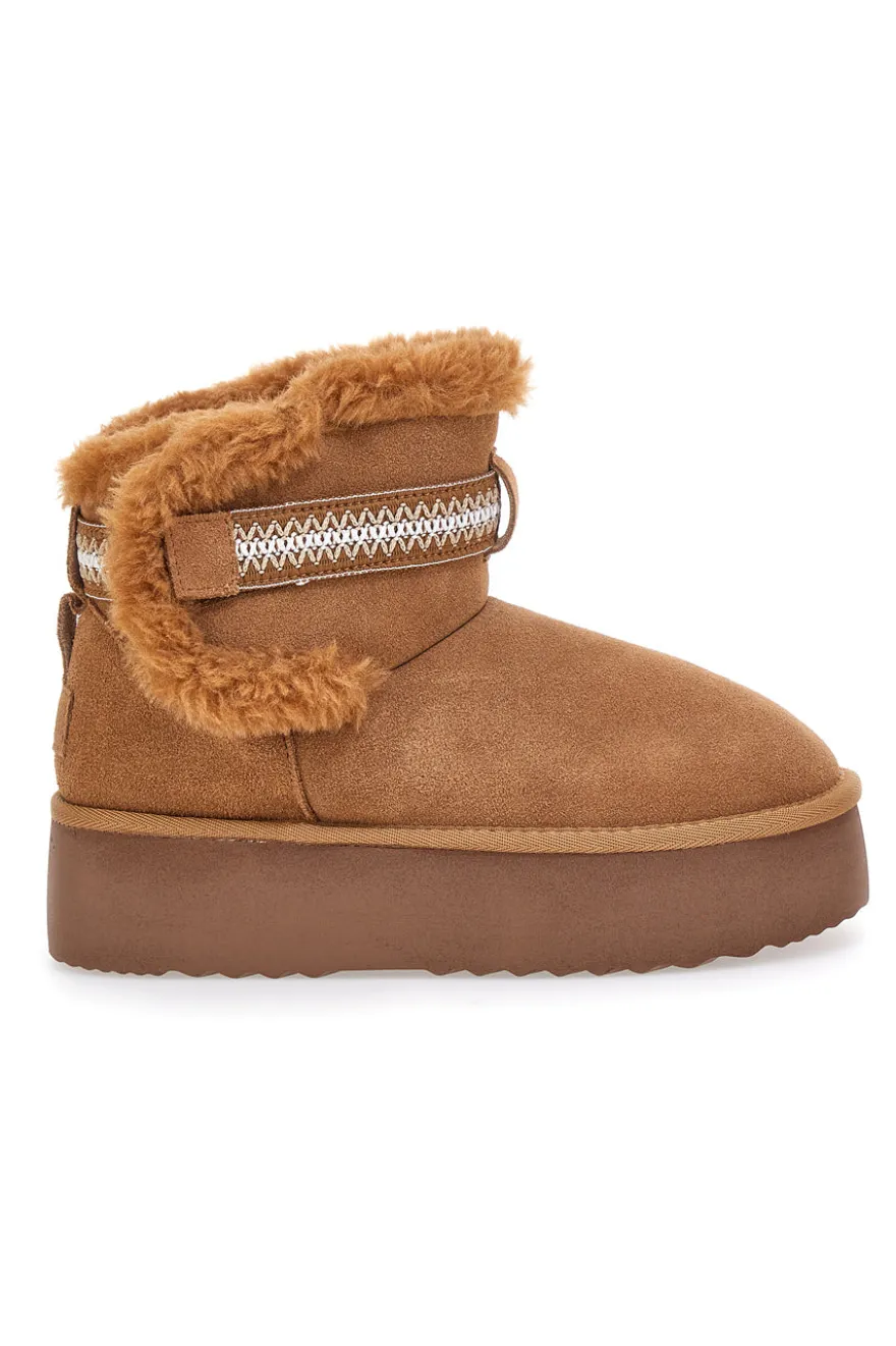 Stivaletti pantofole camel con pelo e suola platform Mon Dieu L1264