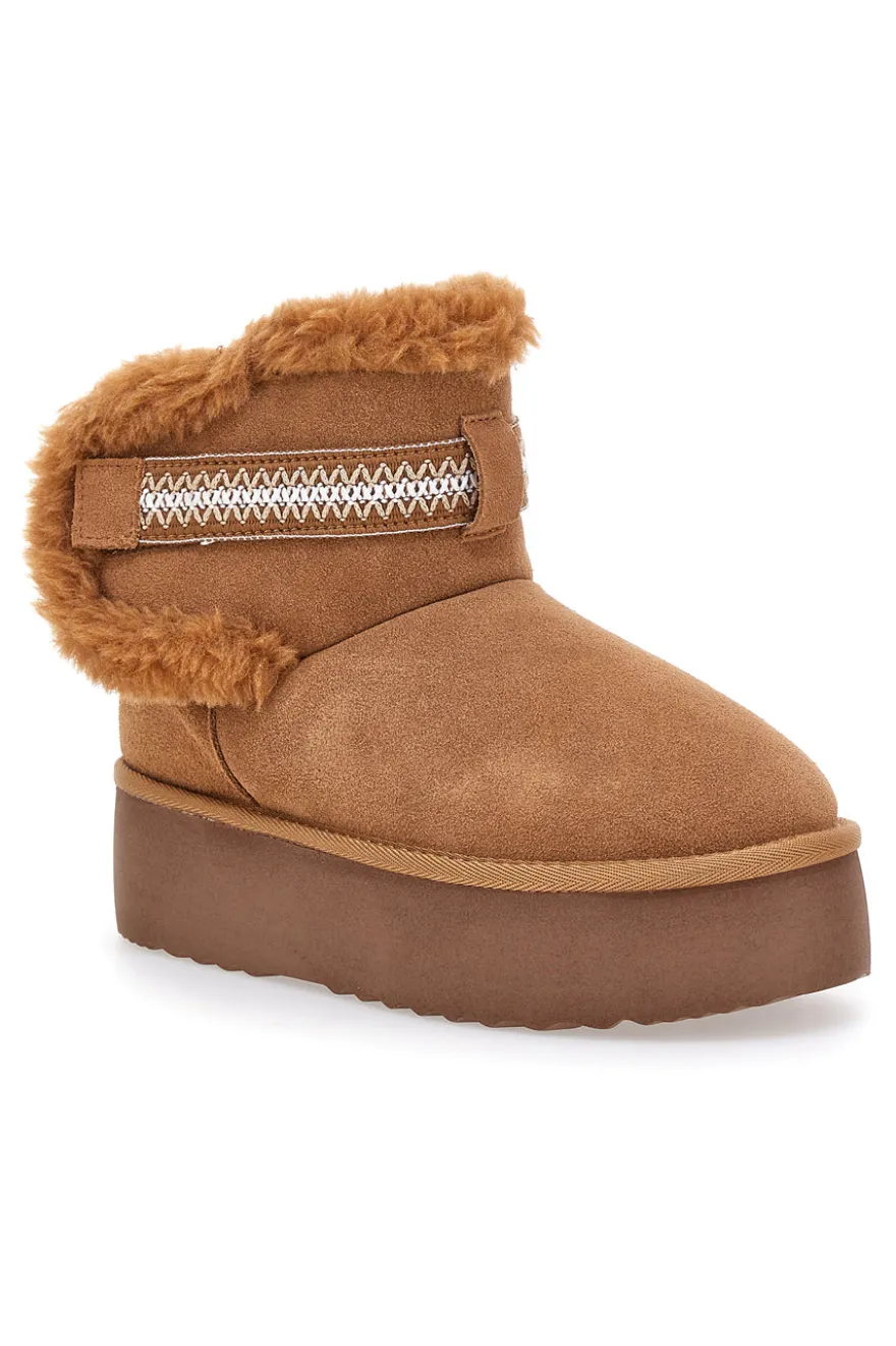 Stivaletti pantofole camel con pelo e suola platform Mon Dieu L1264