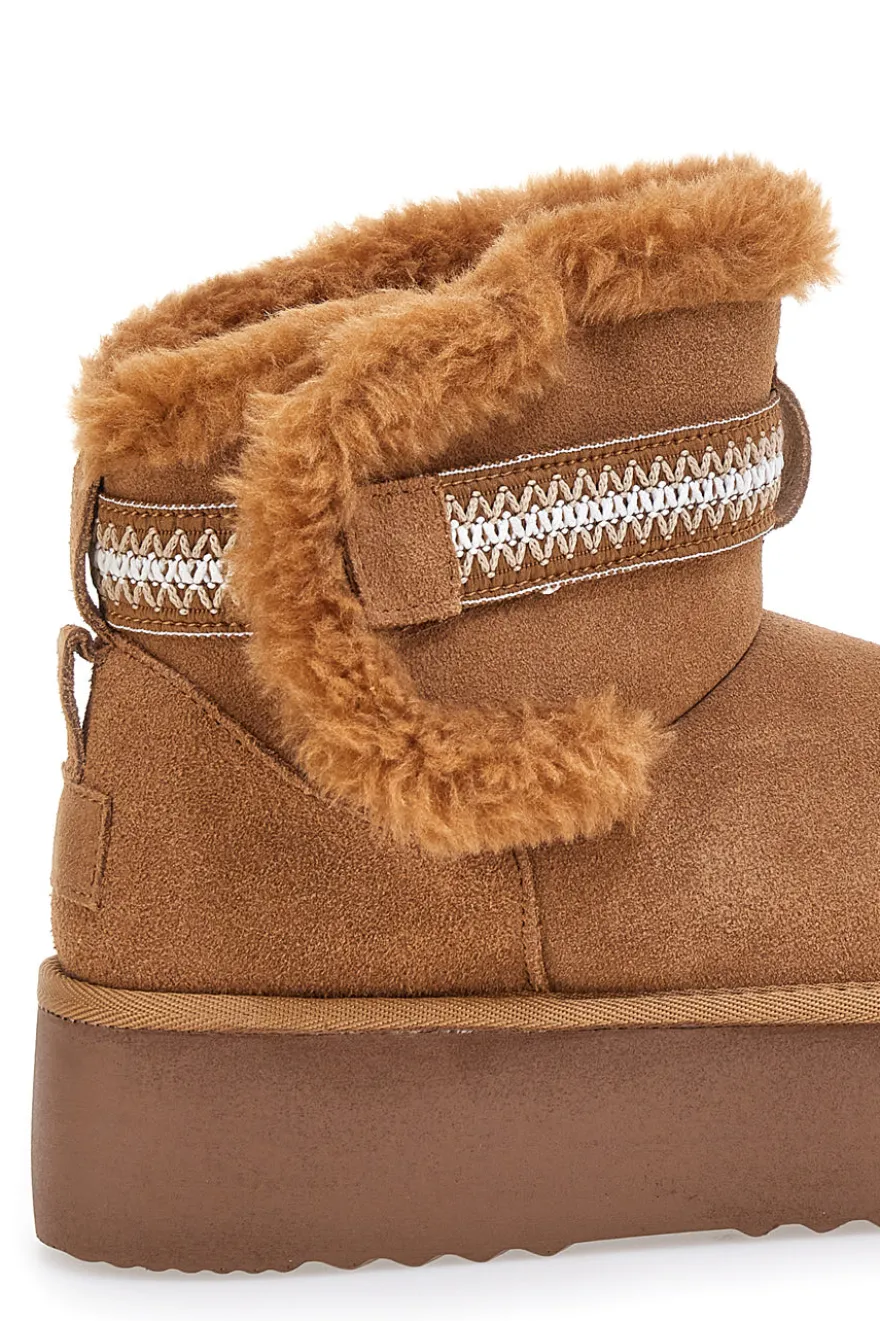 Stivaletti pantofole camel con pelo e suola platform Mon Dieu L1264
