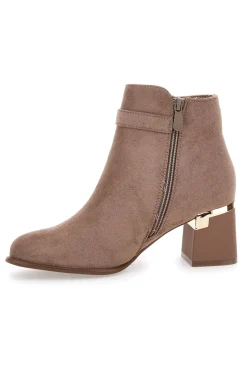 Stivaletti taupe con tacco medio e dettagli gioiello The First P617