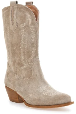 Stivaletti texani beige in vera pelle ricamati Pittarello love TEX4090