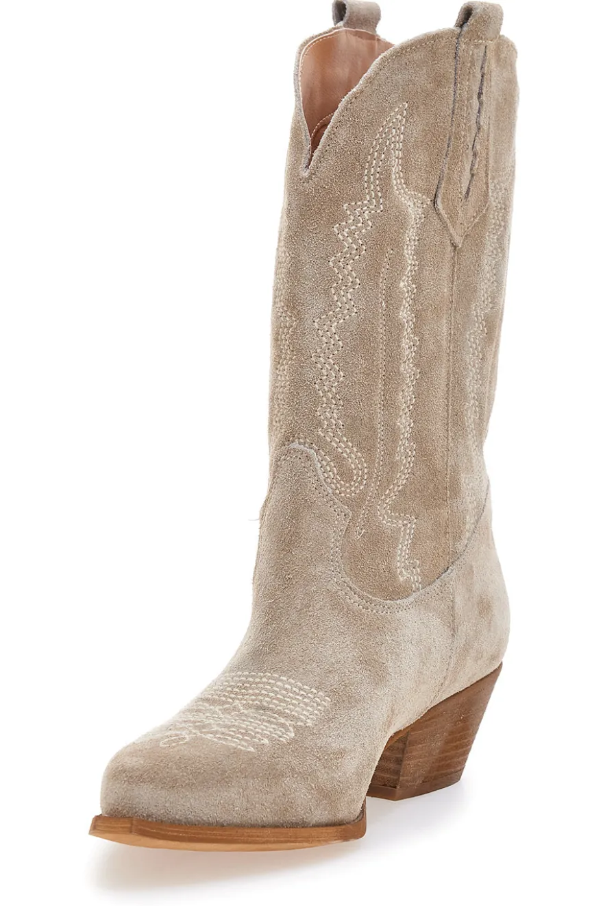 Stivaletti texani beige in vera pelle ricamati Pittarello love TEX4090