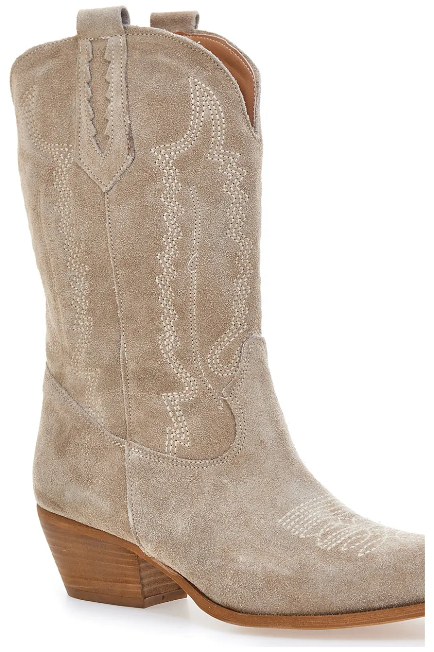Stivaletti texani beige in vera pelle ricamati Pittarello love TEX4090