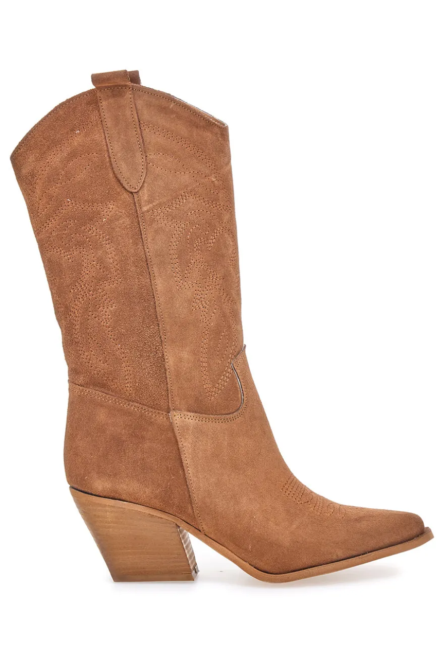 Stivaletti texani marroni in vera pelle ricamati Pittarello love TEX901RN