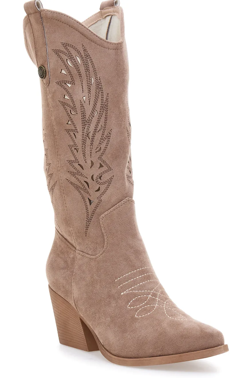 Stivaletti texani taupe con ricami laser Cafè Cost RQ9241