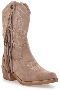 Stivaletti texani taupe con frange e ricami Cafè Cost RQ2613