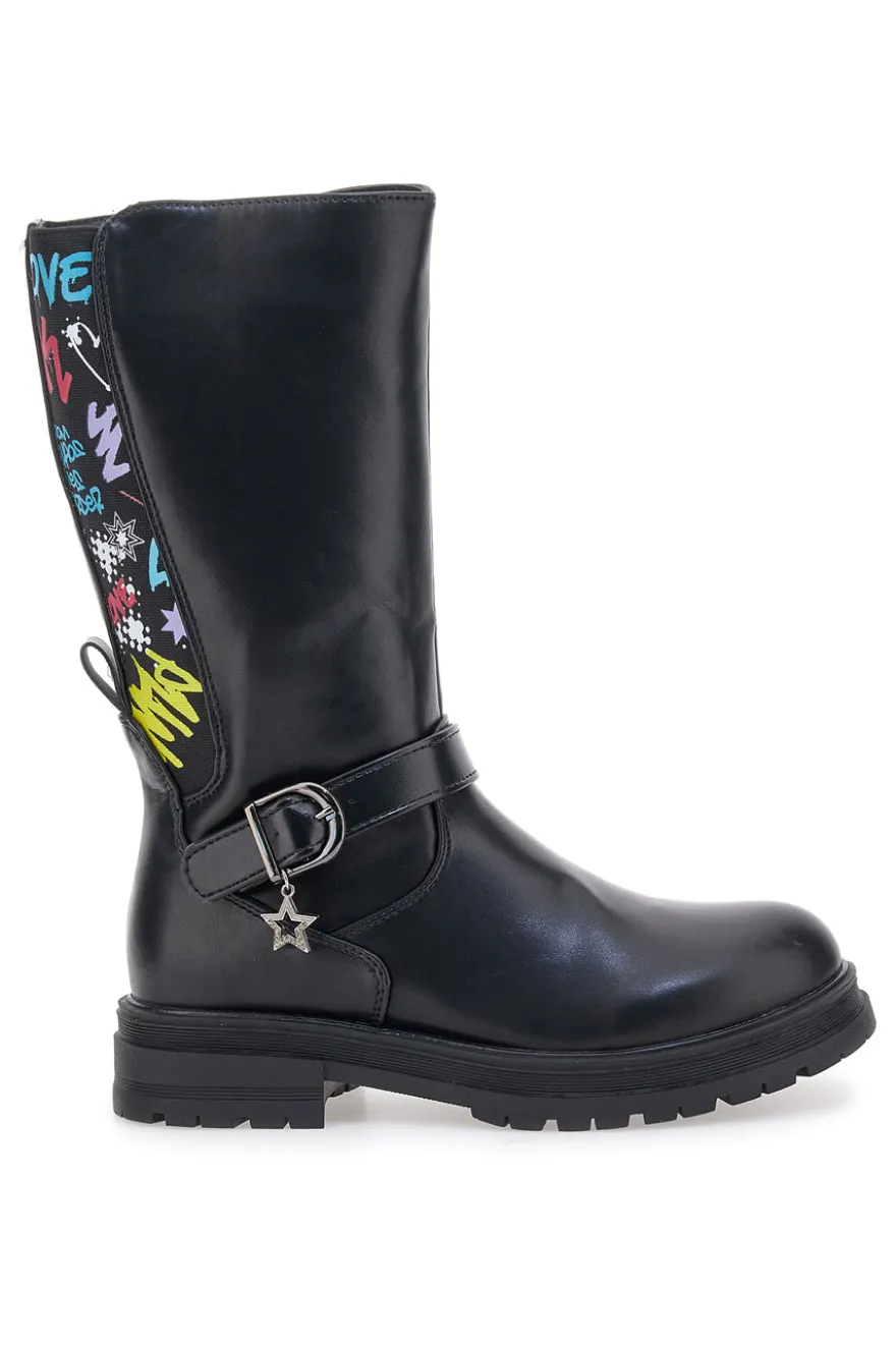 Stivali neri con scritte colorate e stella pendente Grazie Girl 590334
