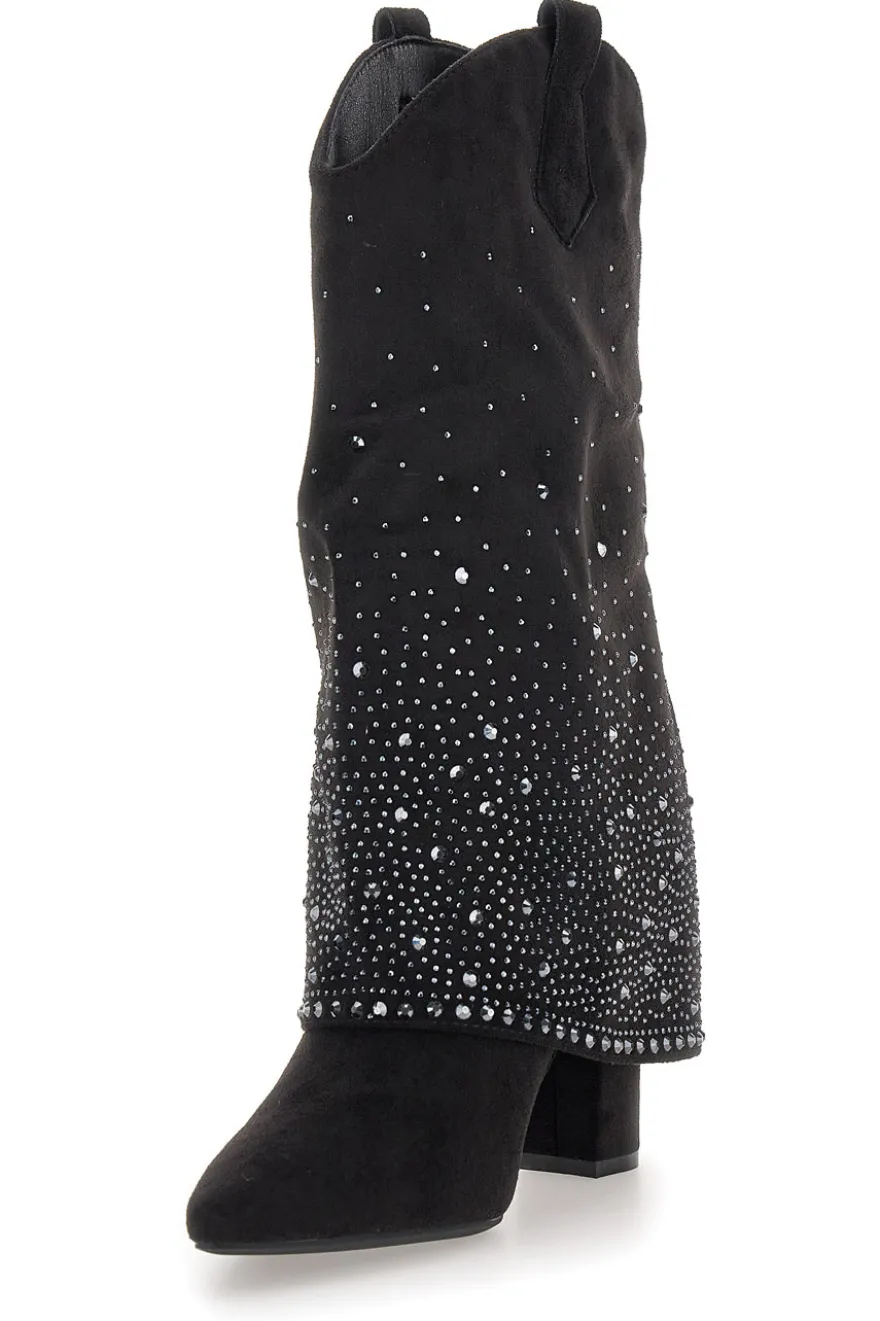 Stivali texani neri con tacco alto e strass The First P606