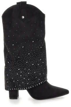 Stivali texani neri con tacco alto e strass The First P606