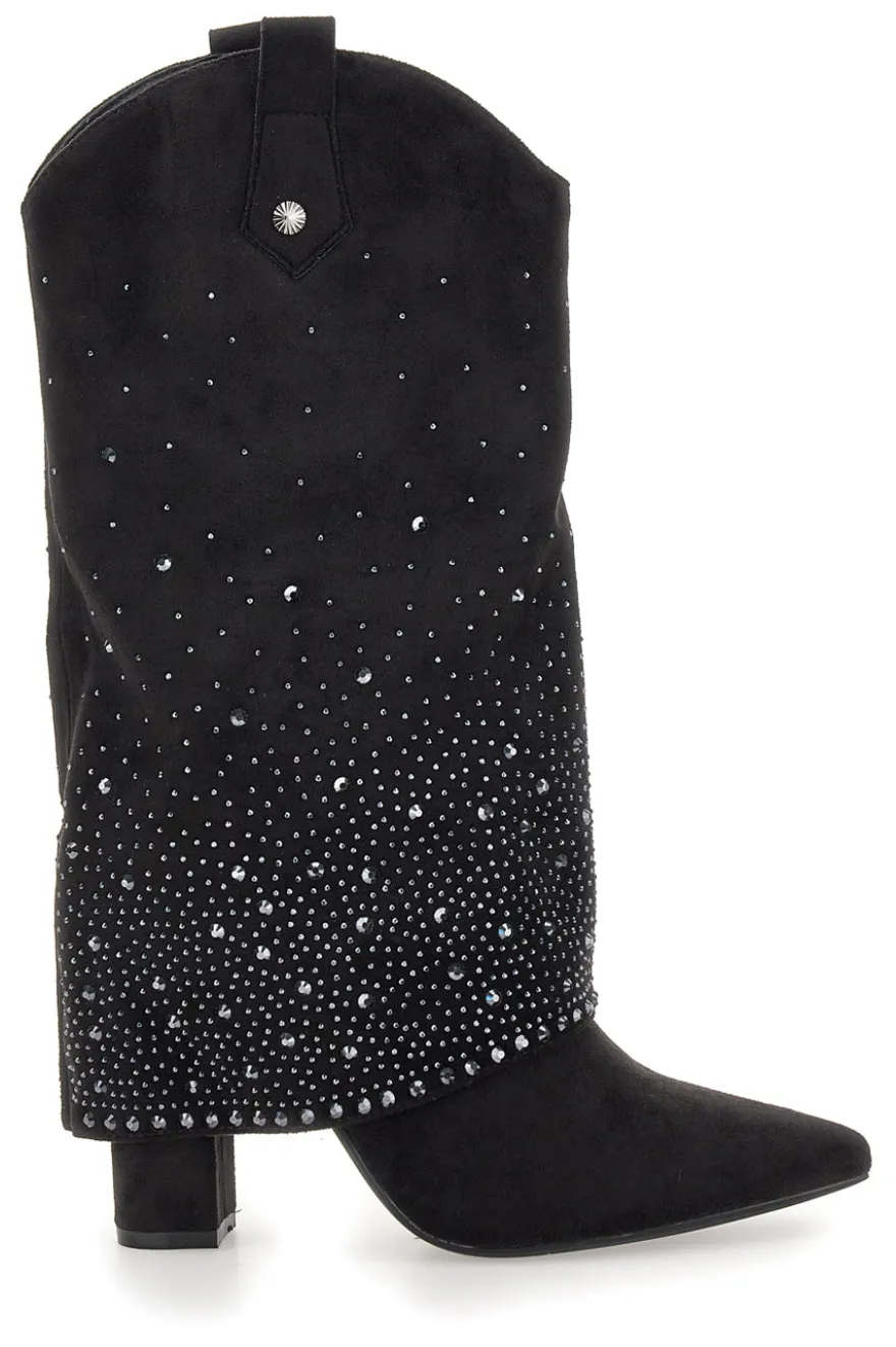 Stivali texani neri con tacco alto e strass The First P606