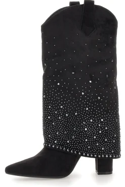 Stivali texani neri con tacco alto e strass The First P606
