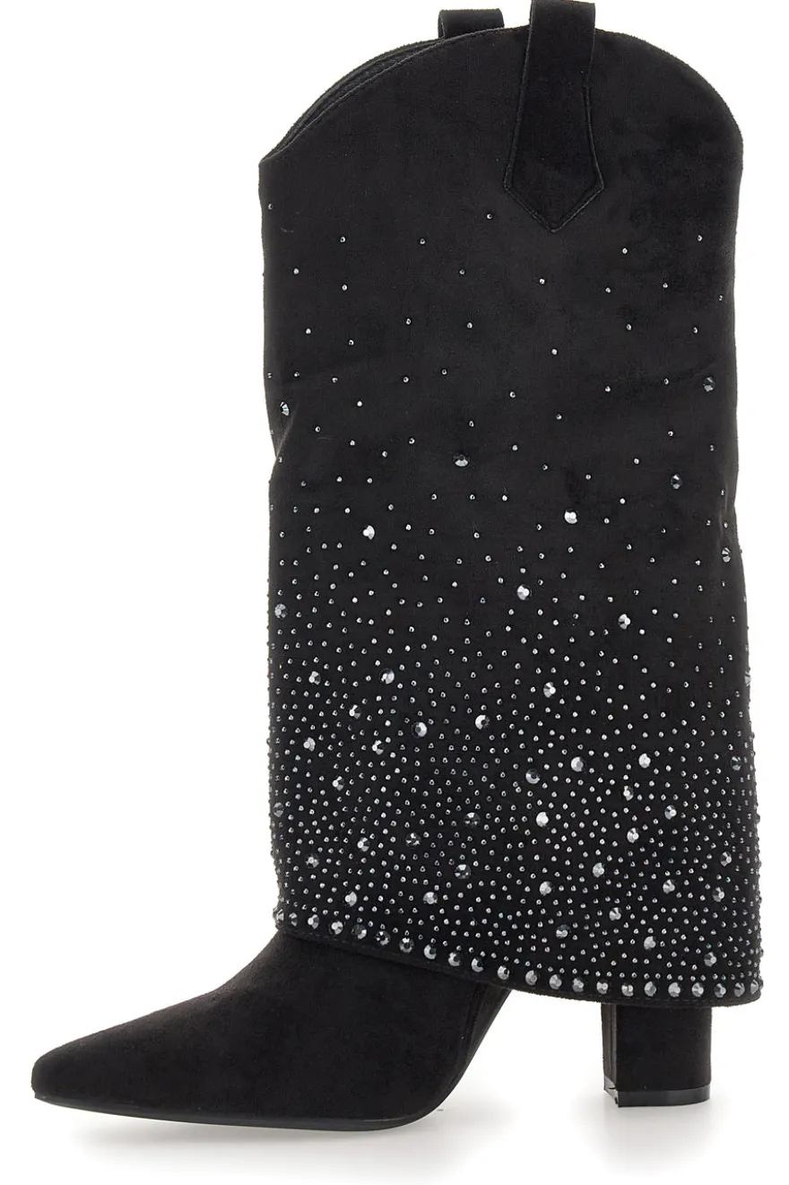 Stivali texani neri con tacco alto e strass The First P606
