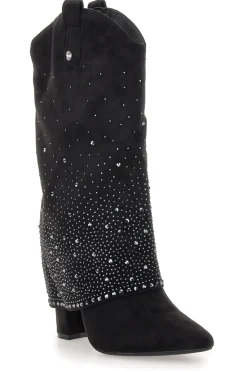 Stivali texani neri con tacco alto e strass The First P606