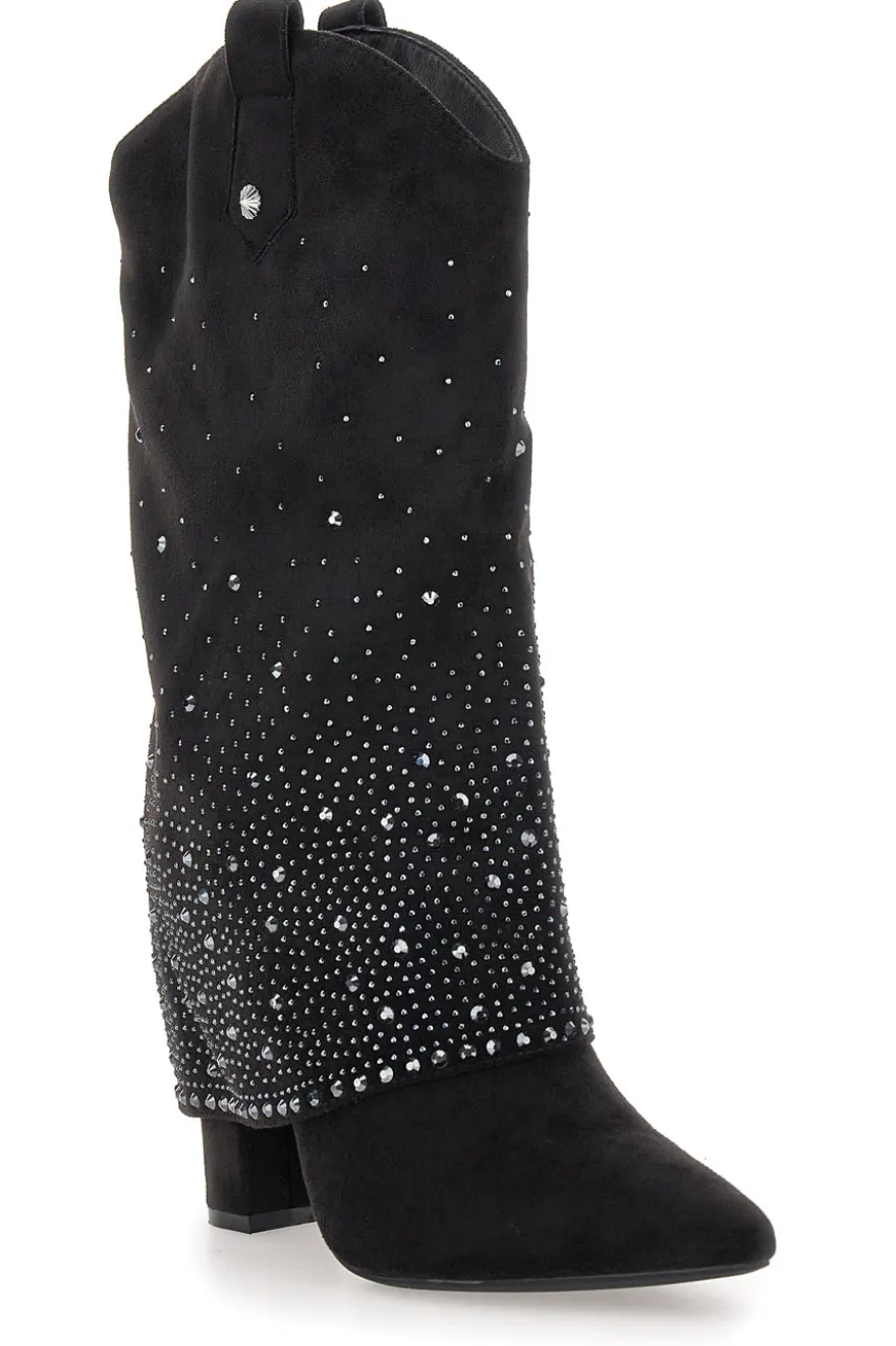 Stivali texani neri con tacco alto e strass The First P606