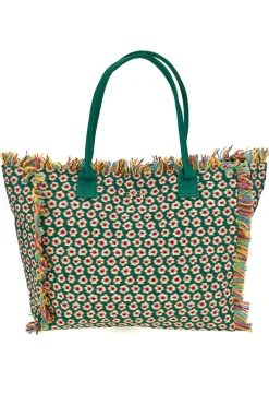 Strandtasche aus grünem Stoff mit Blumendruck und mehrfarbigen Fransen Basile CLASS BA22214