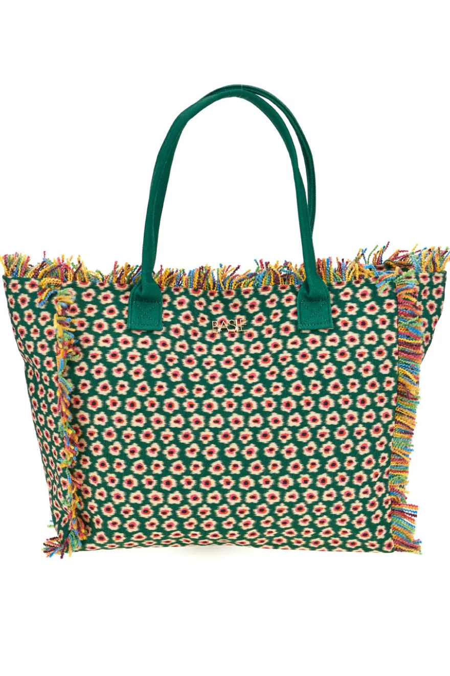 Strandtasche aus grünem Stoff mit Blumendruck und mehrfarbigen Fransen Basile CLASS BA22214