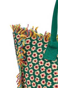 Strandtasche aus grünem Stoff mit Blumendruck und mehrfarbigen Fransen Basile CLASS BA22214