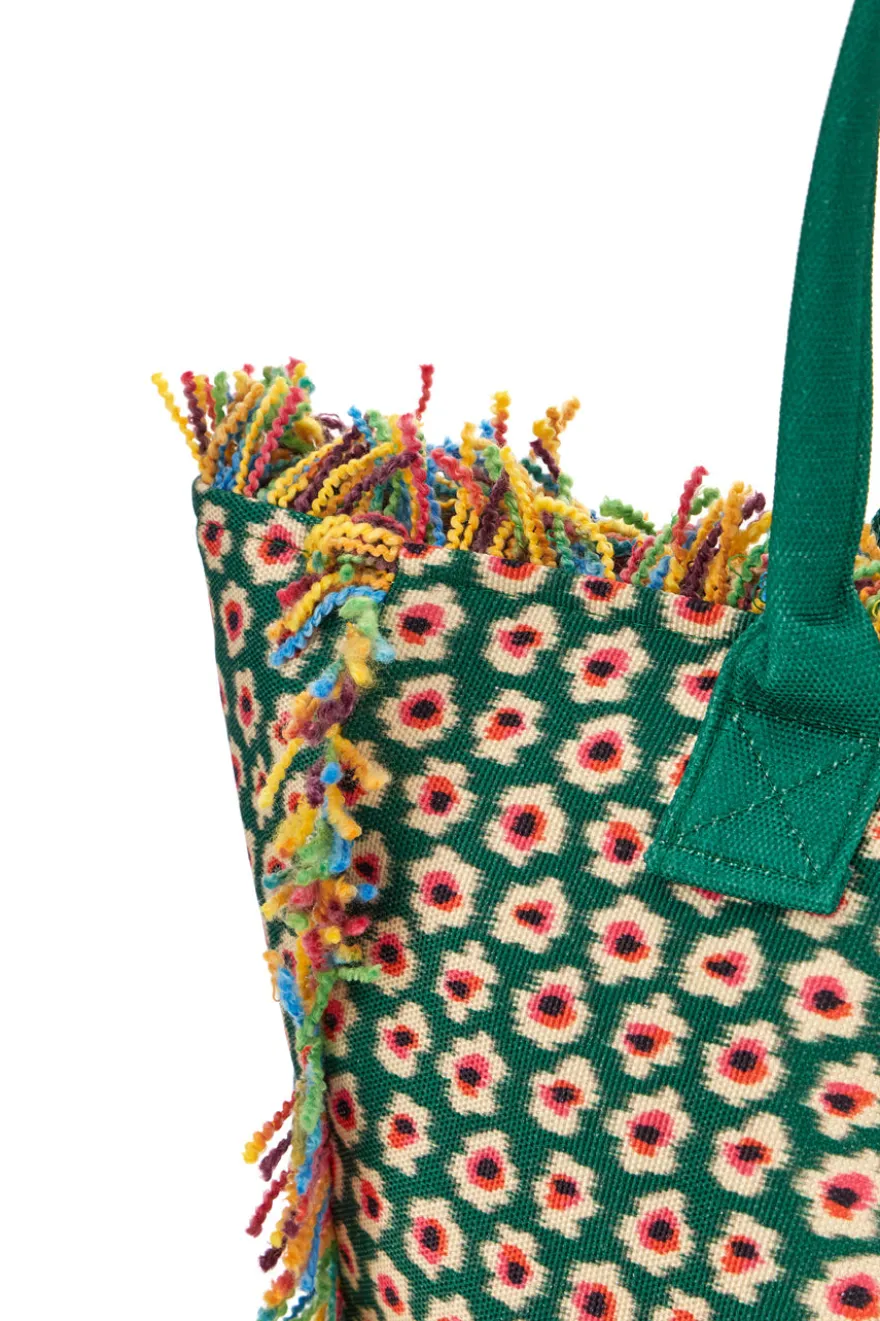 Strandtasche aus grünem Stoff mit Blumendruck und mehrfarbigen Fransen Basile CLASS BA22214