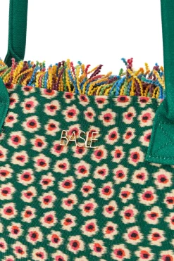 Strandtasche aus grünem Stoff mit Blumendruck und mehrfarbigen Fransen Basile CLASS BA22214