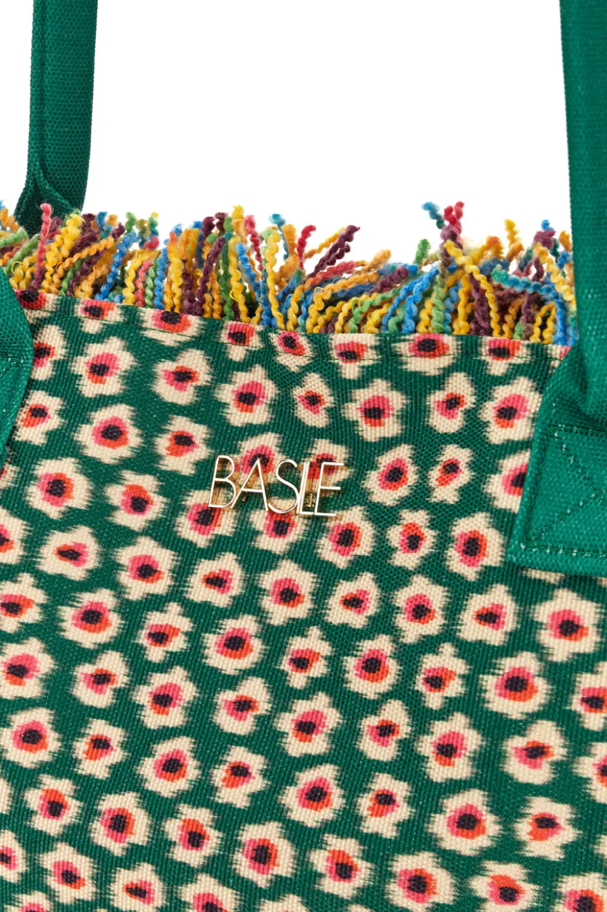 Strandtasche aus grünem Stoff mit Blumendruck und mehrfarbigen Fransen Basile CLASS BA22214