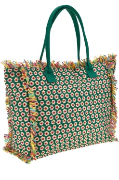 Strandtasche aus grünem Stoff mit Blumendruck und mehrfarbigen Fransen Basile CLASS BA22214