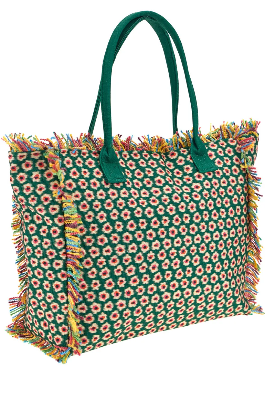 Strandtasche aus grünem Stoff mit Blumendruck und mehrfarbigen Fransen Basile CLASS BA22214